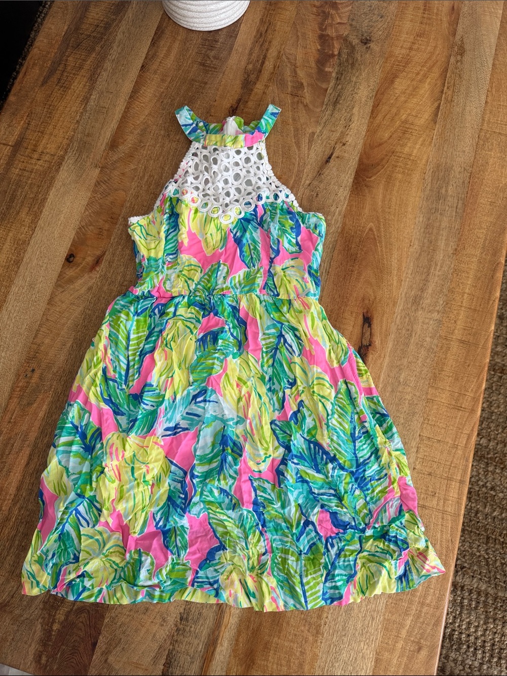 Lilly Pulitzer Pink, Green & Blue Tropical Eyelet Halter Mini Dress